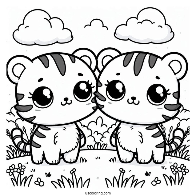 Two Cute Kawaii Tigers Standing On Grass