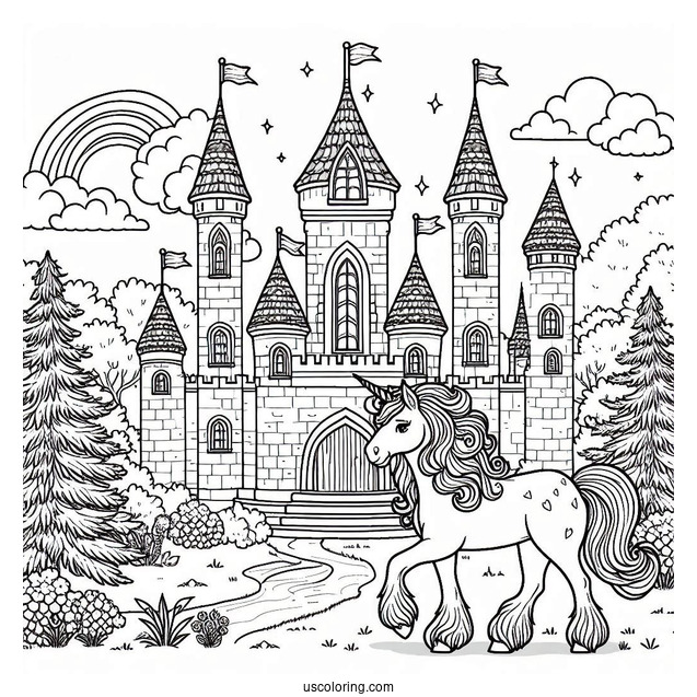 Unicorns Strolling Outside A Beautiful Castle Coloring Page