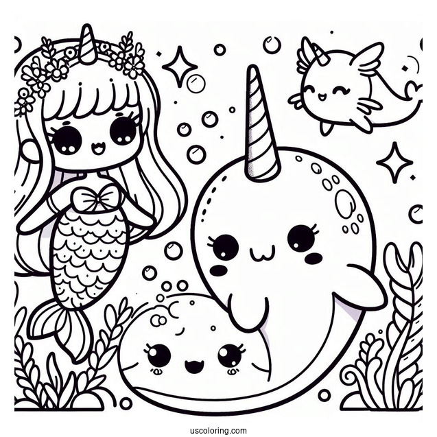 Kawaii Mermaid And Narwhal Coloring Page Under The Sea