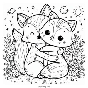 Cute Coloring Page Two Foxes Hugging A Pig