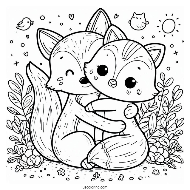 Cute Coloring Page Two Foxes Hugging A Pig