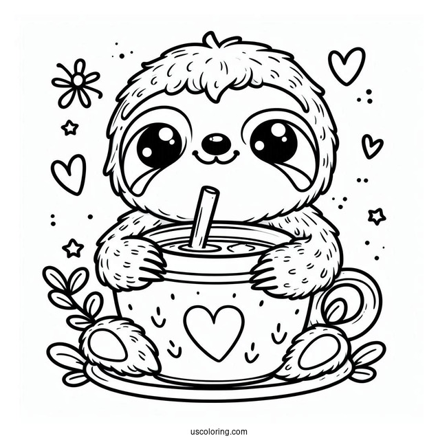 Kawaii Sloth Sitting In Teacup Coloring For Preschoolers