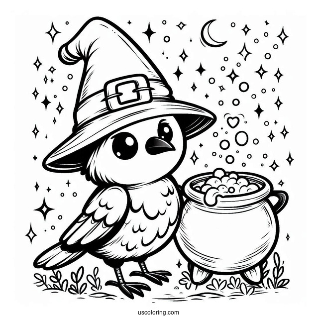 Cute Little Raven Coloring Page In A Witch s Hat With A Magical Cauldron