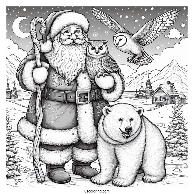 North Pole Coloring Page Of Realistic Santa Claus With An Owl And Polar Bears