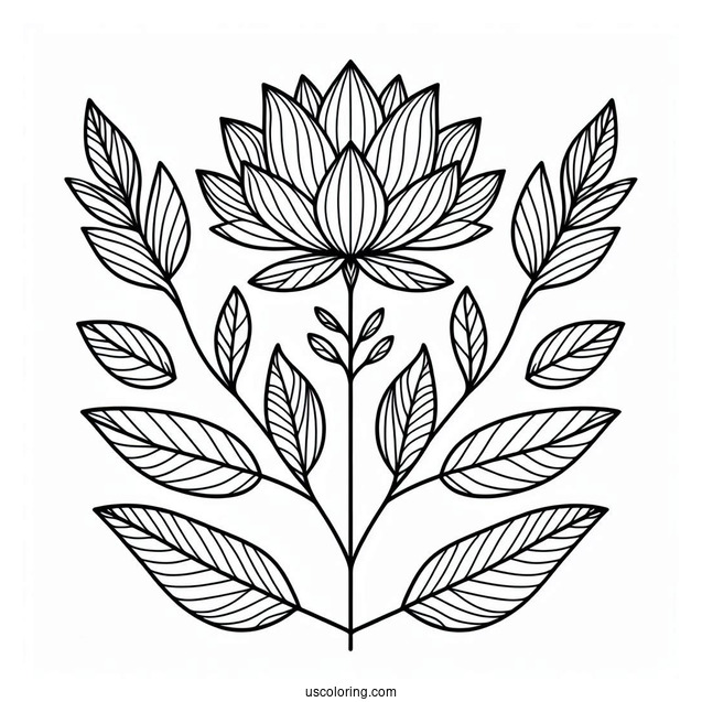 Easy Flower Mandala Coloring Page With Stem And Long Leaves