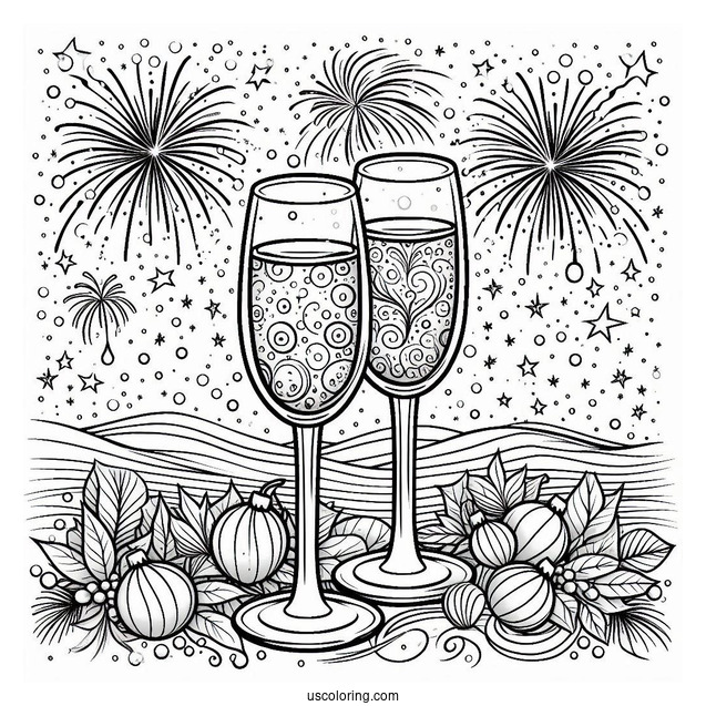 New Year Coloring Page Of Bubbly Wineglasses With Fireworks In The Background