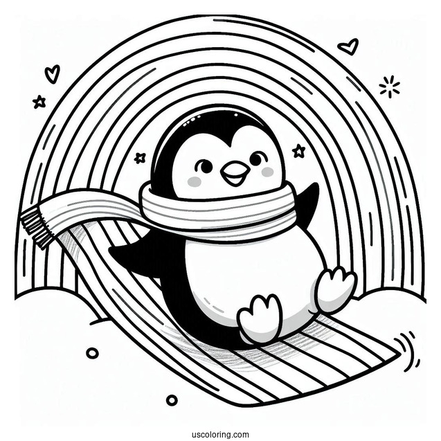 Cute Penguin With A Scarf Sliding Down A Rainbow