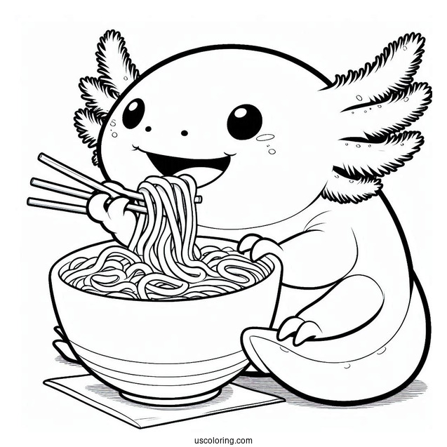 Axolotl Coloring Page Eating Ramen For Kids