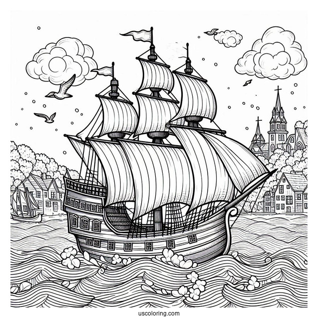 Pilgrim Coloring Page Mayflower Sailing At Sea