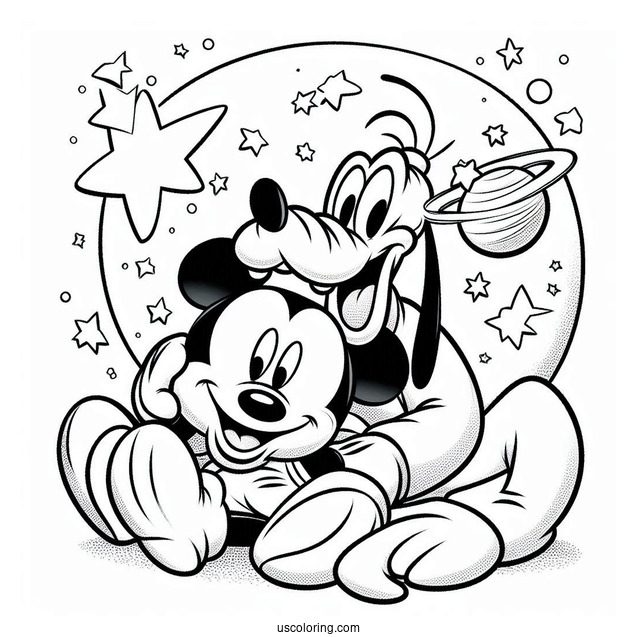 Mickey Mouse Hugging Pluto Coloring Page With Goofy In The Back