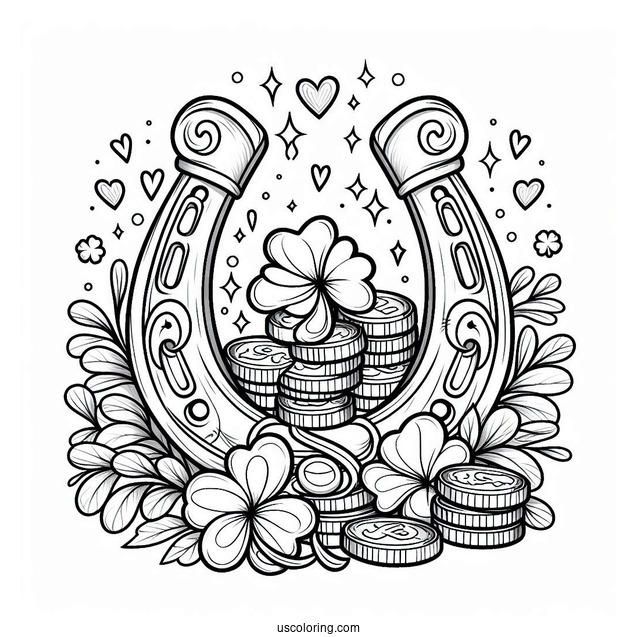 Lucky Horseshoe With Shamrocks And Coins To Color