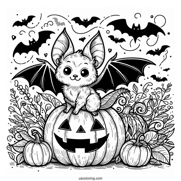 Small Bat Coloring Page Sitting On Jack O Lantern Halloween