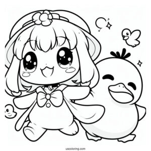 Kawaii Chibi Misty With Psyduck Coloring Page For Preschoolers