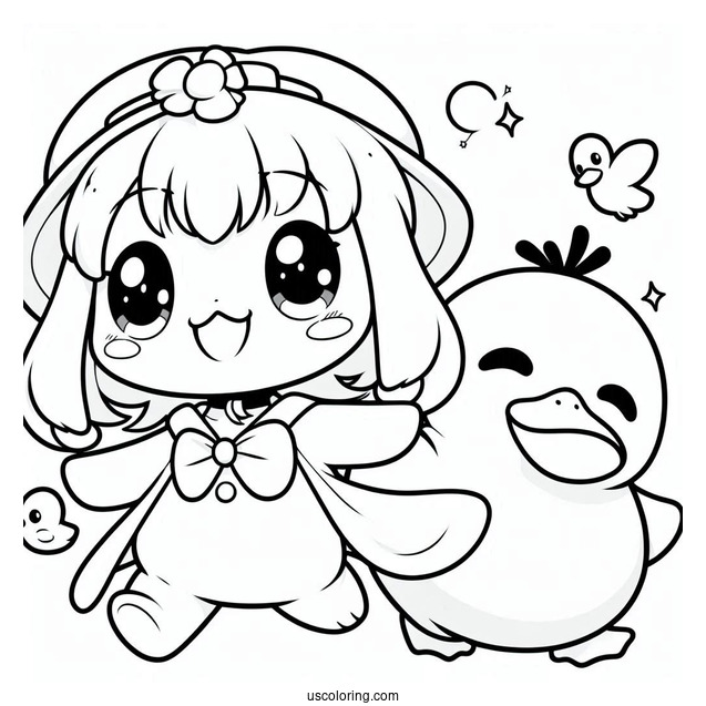 Kawaii Chibi Misty With Psyduck Coloring Page For Preschoolers