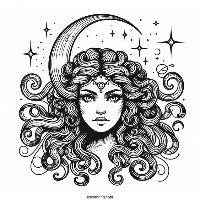 Detailed Medusa Coloring Page Head With Crescent Moon On Forehead