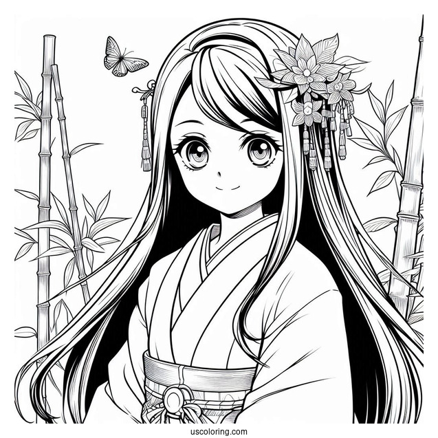 Detailed Nezuko Coloring Page With Bamboo