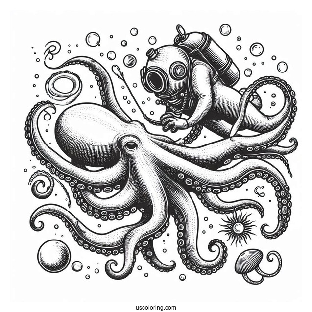 Vintage Diver Holding Octopus Coloring Page