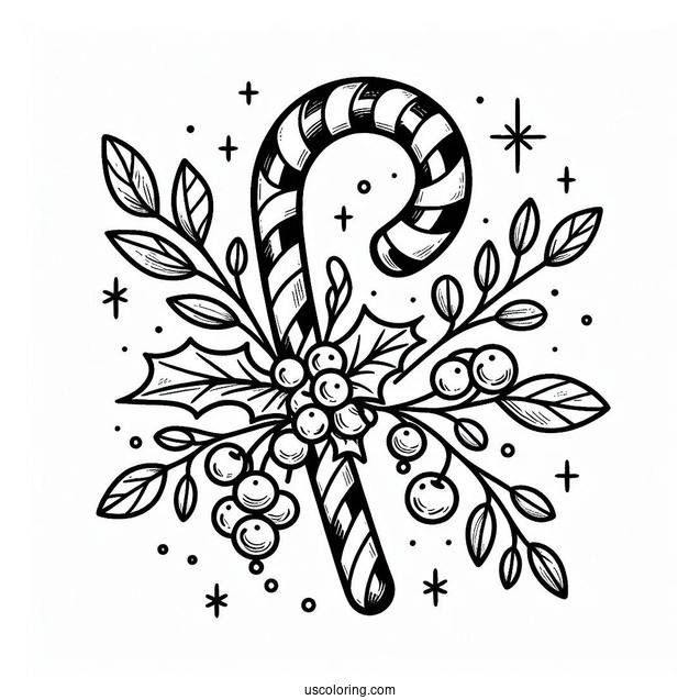 Candy Cane With Mistletoe Coloring Sheet