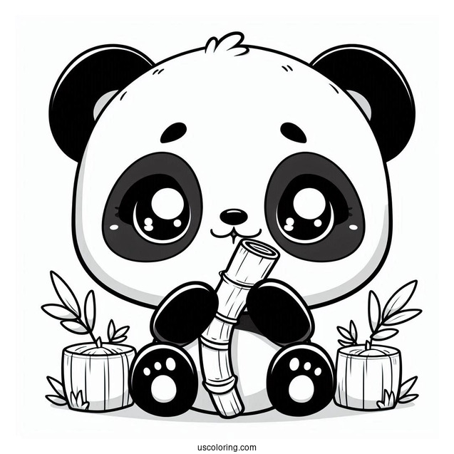 Hungry Chibi Coloring Page Panda Eating Bamboo For Preschoolers