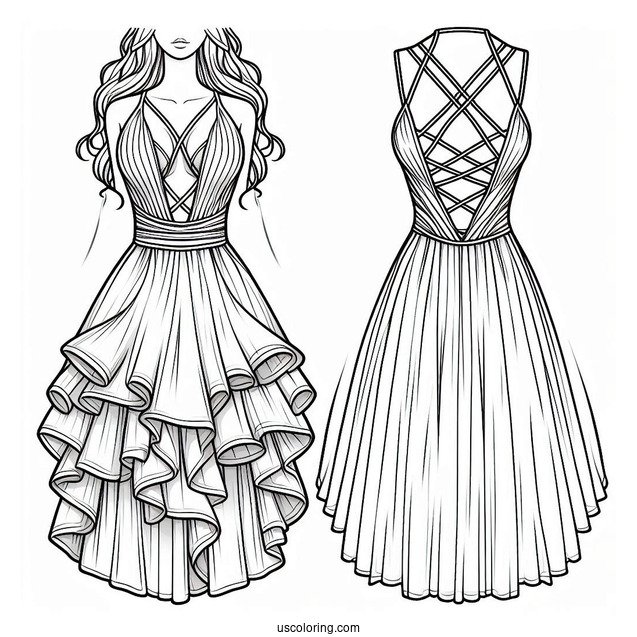 Strappy Plunging Dress Coloring Page With Large Skirt