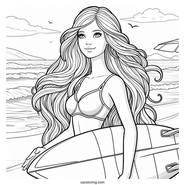 Surfer Barbie At Beach To Color