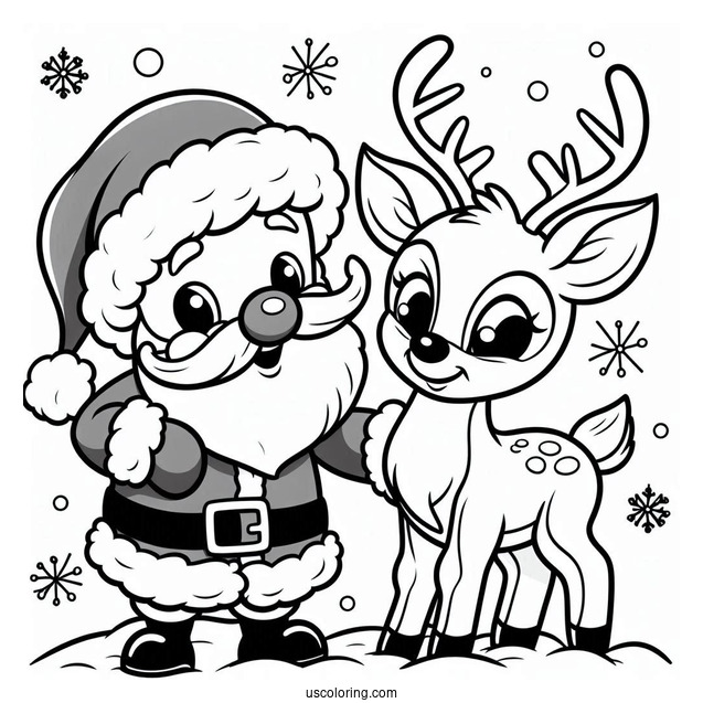 Cartoon Rudolph Coloring Page With Santa Claus In The Snow
