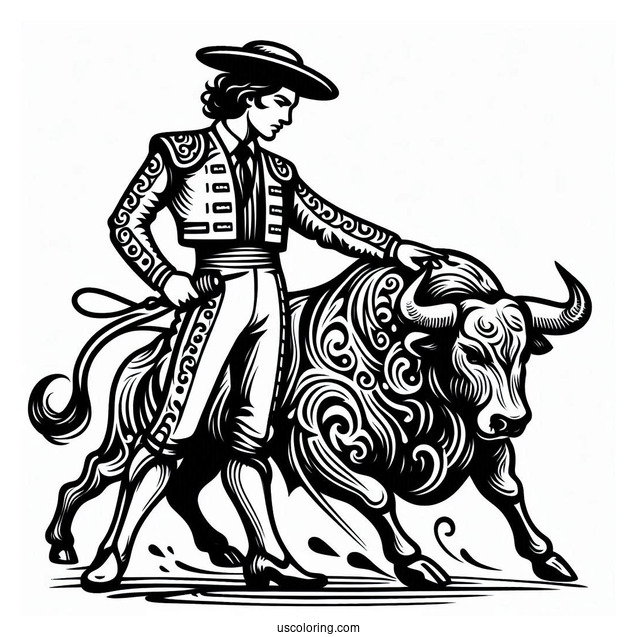 Matador With Fighting Bull Coloring In