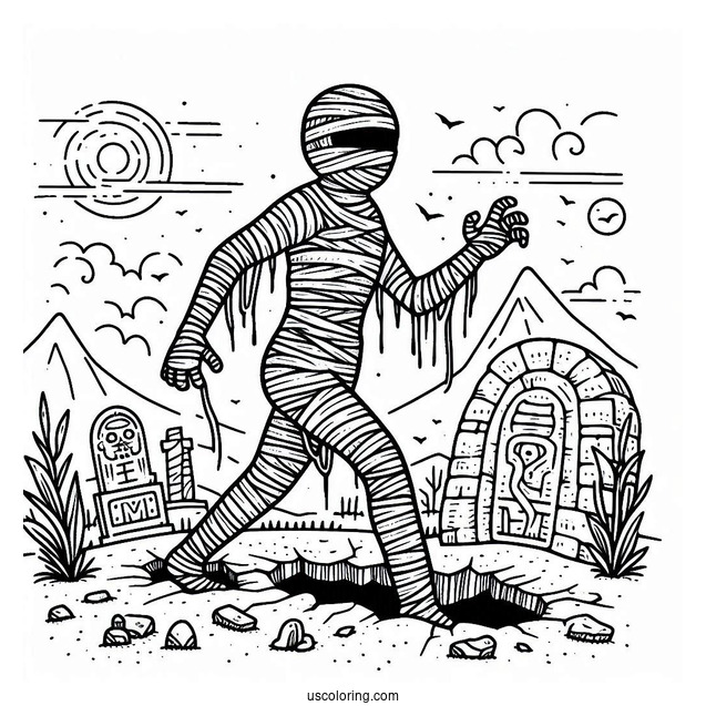 Mummy Coloring Page Stumbling Out Of A Stone Tomb