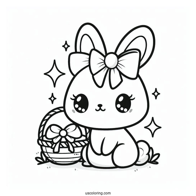 Easter Coloring Page Of Easy Kawaii Easter Bunny With Bow For Preschoolers