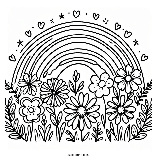 Spring Coloring Page Rainbow With Flowers For Preschoolers