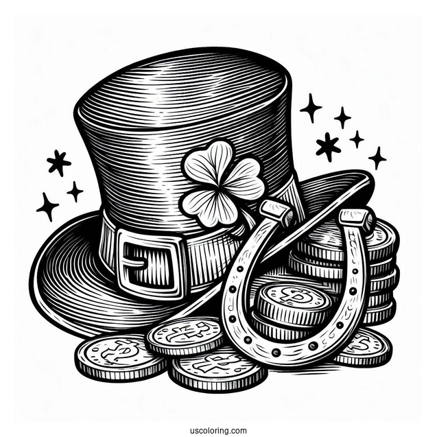 St Patrick_s Hat With Gold Coins And Horseshoe To Color