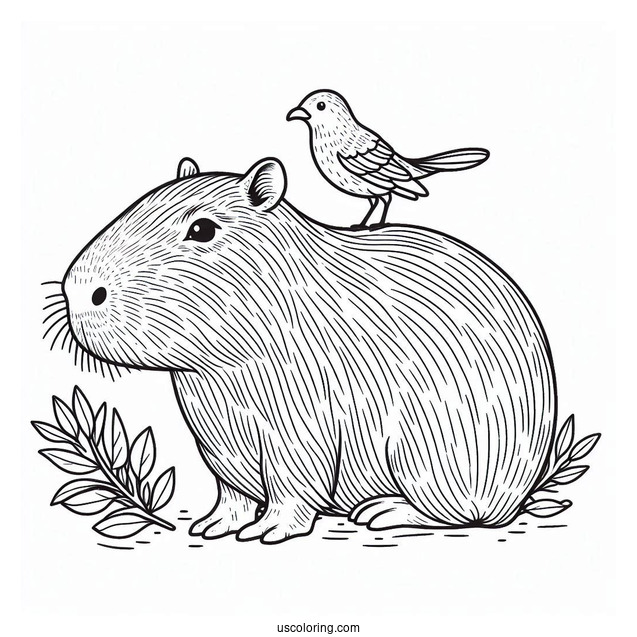 Capybara Coloring Page With Bird On Its Head
