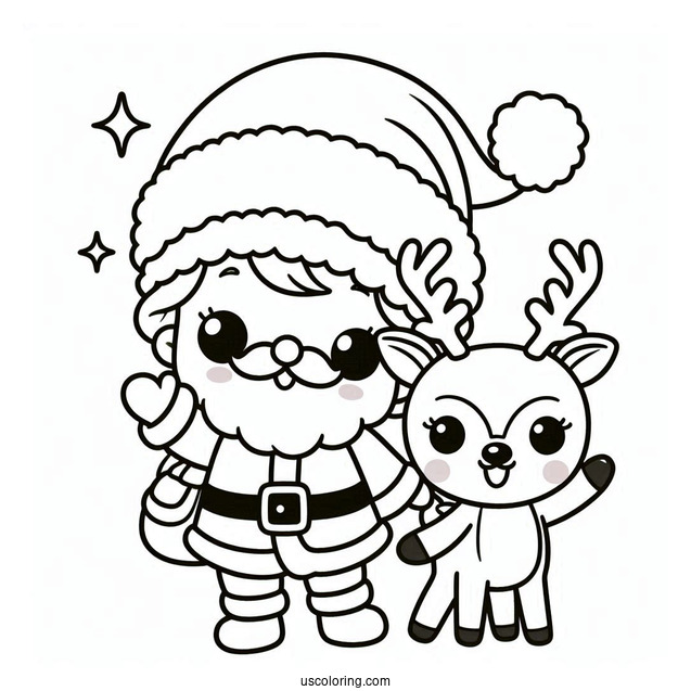 Cute Santa Waving With Rudolph Coloring Page Beside Him For Kids