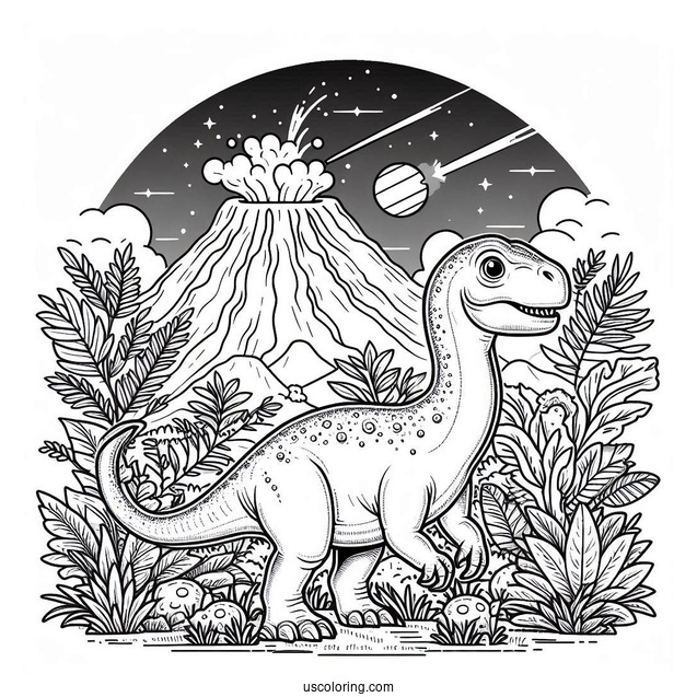 Parasaurolophus Dinosaur With Volcano In The Background