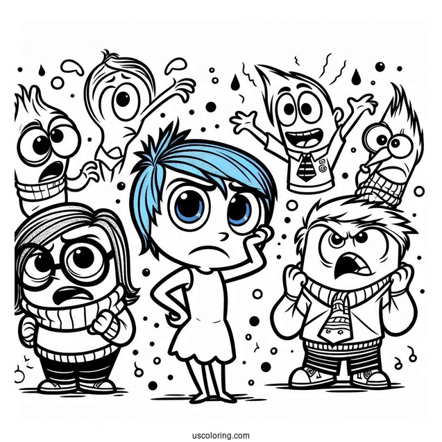 Pixar Coloring Page of Inside Out Joy, Anger, Fear, Sadness, Disgust