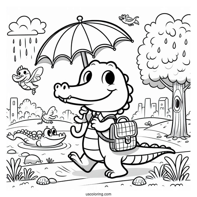 Crocodile Cartoon Character Going To School