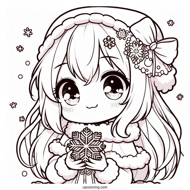 Kawaii Anime Girl Holding Snowflake Coloring Page