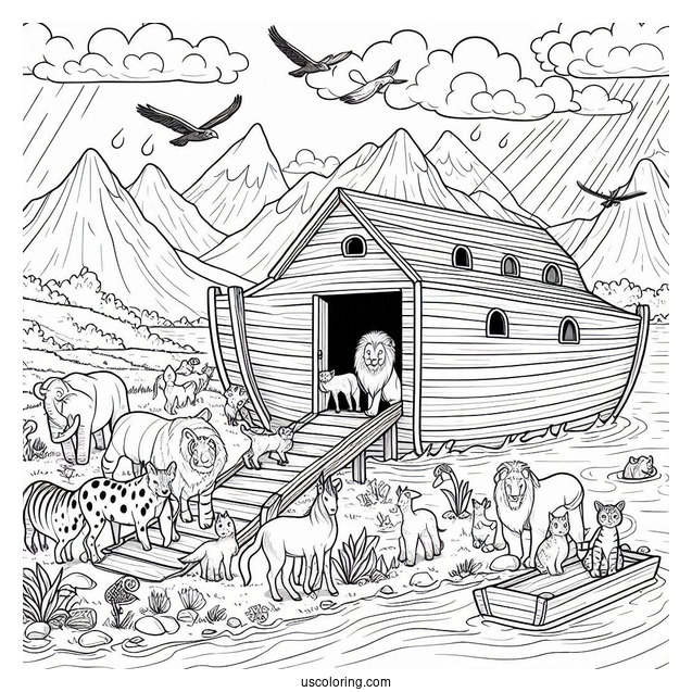 Noah's Ark Coloring Page Leading Animals Into The Ark