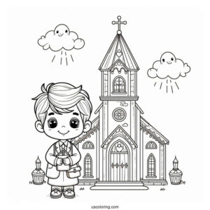 Little Boy Standing In Front Of A Church Coloring Page