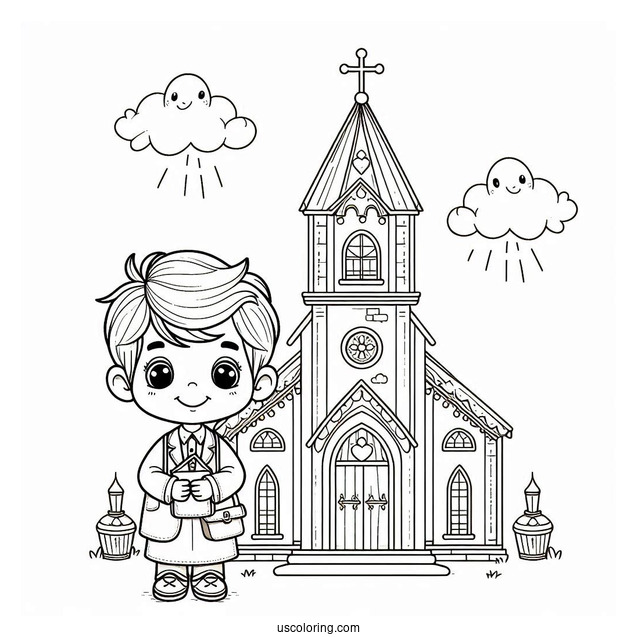 Little Boy Standing In Front Of A Church Coloring Page
