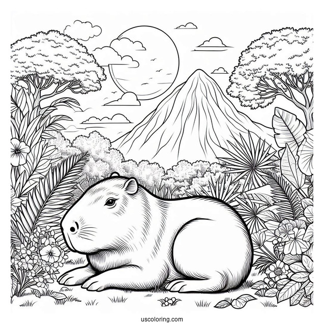 Large Capybara Coloring Page In The Garden