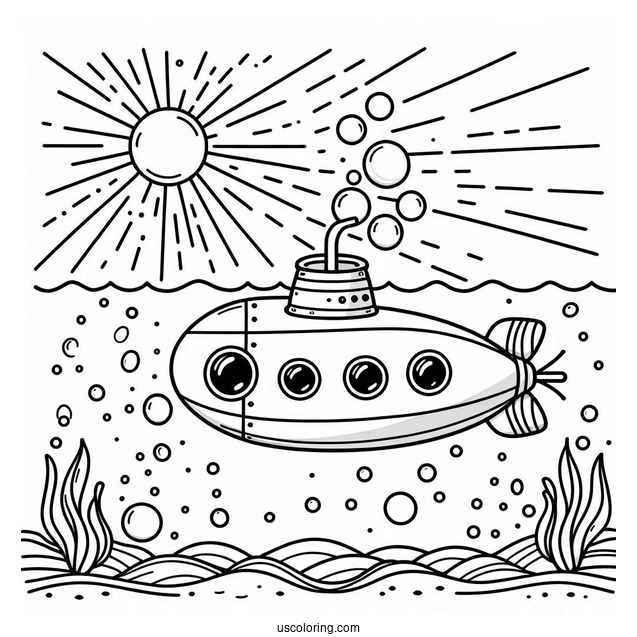 Simple Submarine Coloring Page Outline With Sun Rays And Bubbles