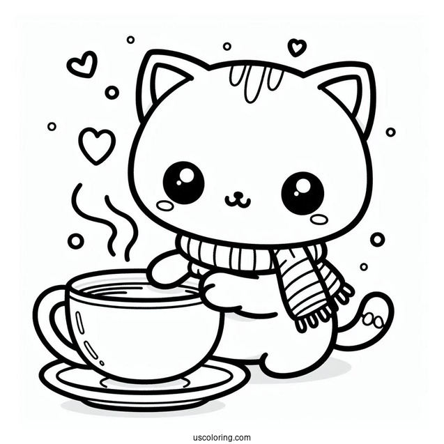 Kawaii Kitten Holding A Steaming Cup Of Coffee Coloring Page