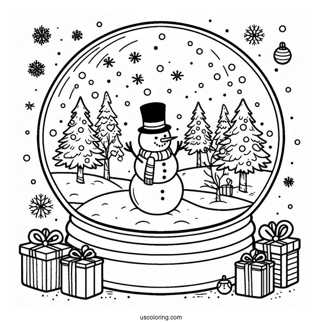 Snowman With Trees And Presents Snow Globe Coloring Page