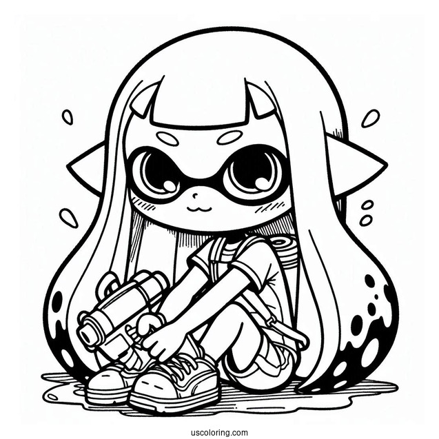 Splatoon Coloring Page Of Kawaii Inkling Girl Crouching While Holding Inkjet