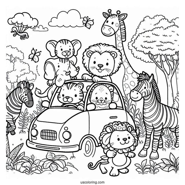 Jungle Coloring Page Of Elephant, Lion, Giraffe, Zebra, Tiger, Hippo, And Monkey Riding Car
