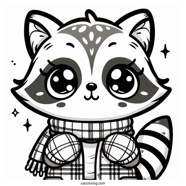 Kawaii Raccoon In A Plaid Jacket Coloring Sheet