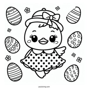 Kawaii Duck In Pola Dot Dress In Easter Coloring Page