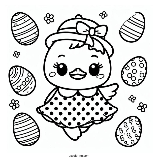 Kawaii Duck In Pola Dot Dress In Easter Coloring Page