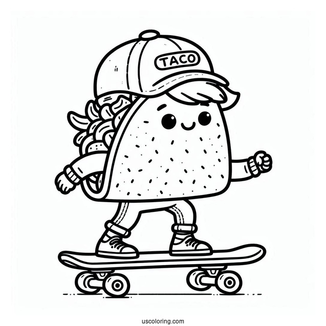 Kid Taco Skateboarding Coloring Sheet For Preschoolers